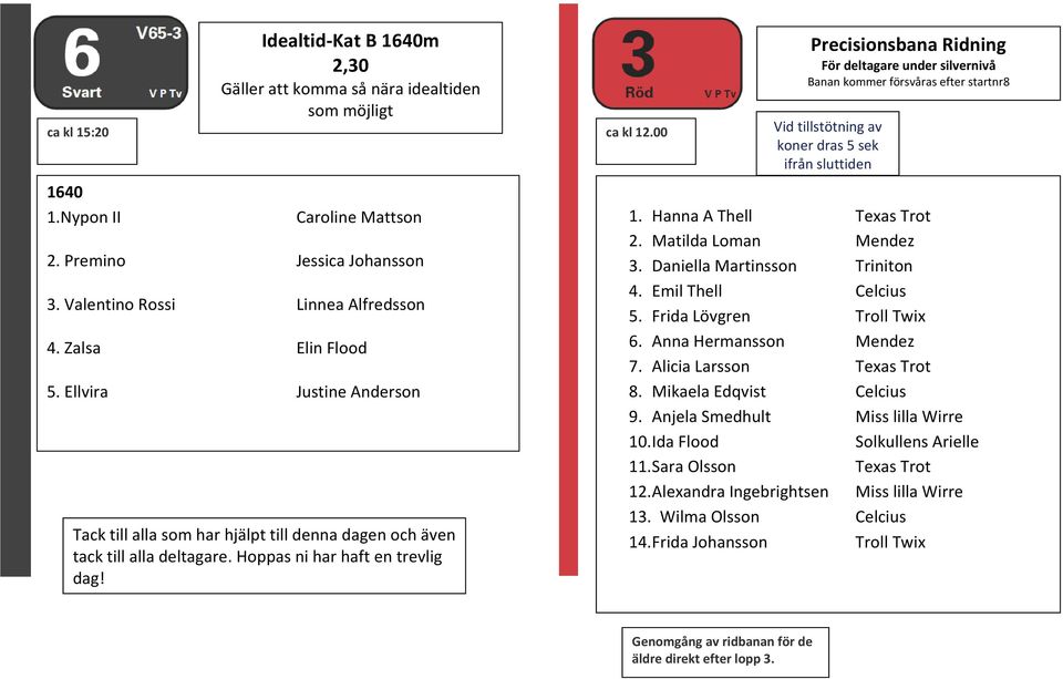 Precisionsbana Ridning För deltagare under silvernivå Banan kommer försvåras efter startnr8 Vid tillstötning av koner dras 5 sek ifrån sluttiden 1. Hanna A Thell Texas Trot 2. Matilda Loman Mendez 3.