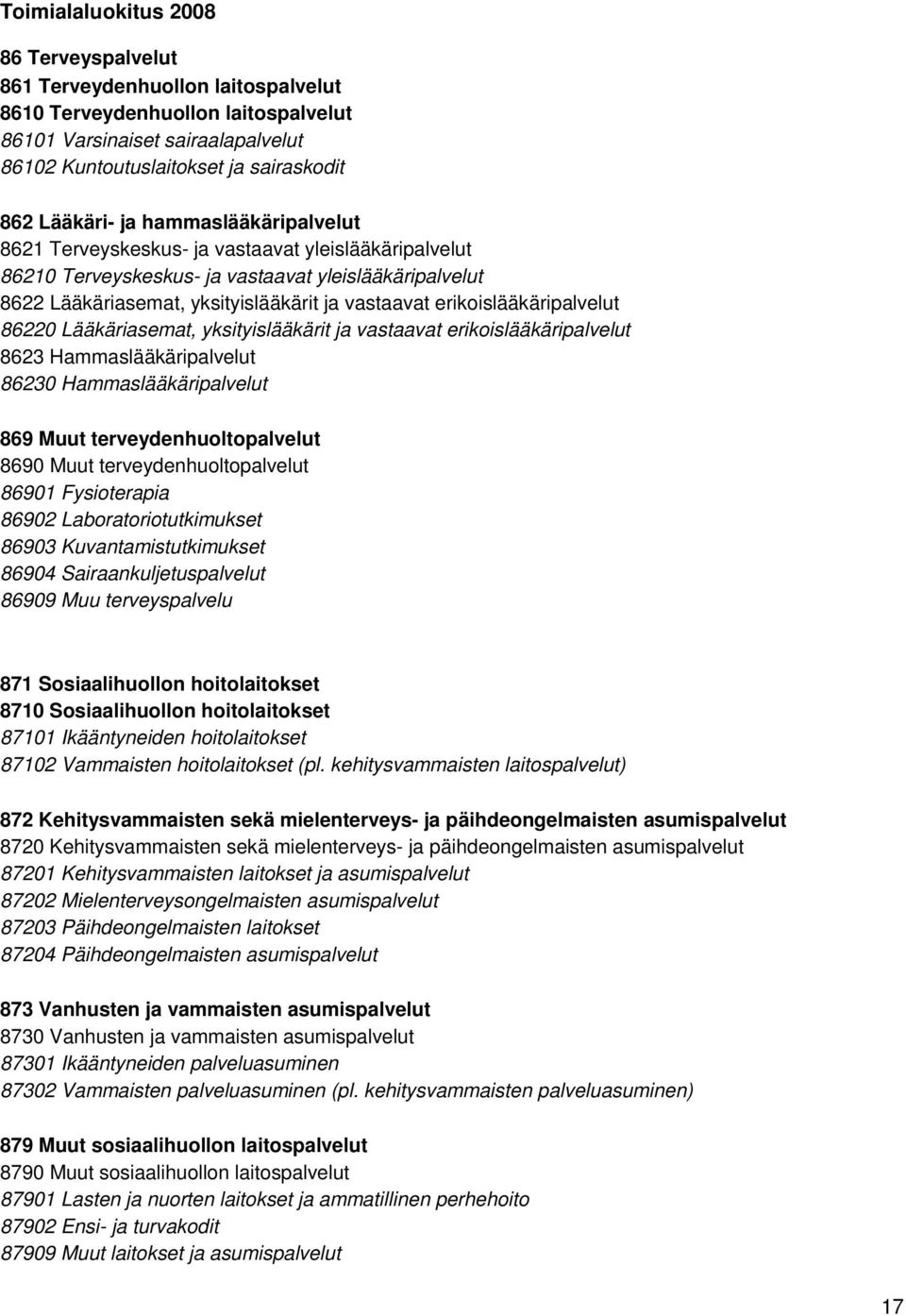 erikoislääkäripalvelut 86220 Lääkäriasemat, yksityislääkärit ja vastaavat erikoislääkäripalvelut 8623 Hammaslääkäripalvelut 86230 Hammaslääkäripalvelut 869 Muut terveydenhuoltopalvelut 8690 Muut