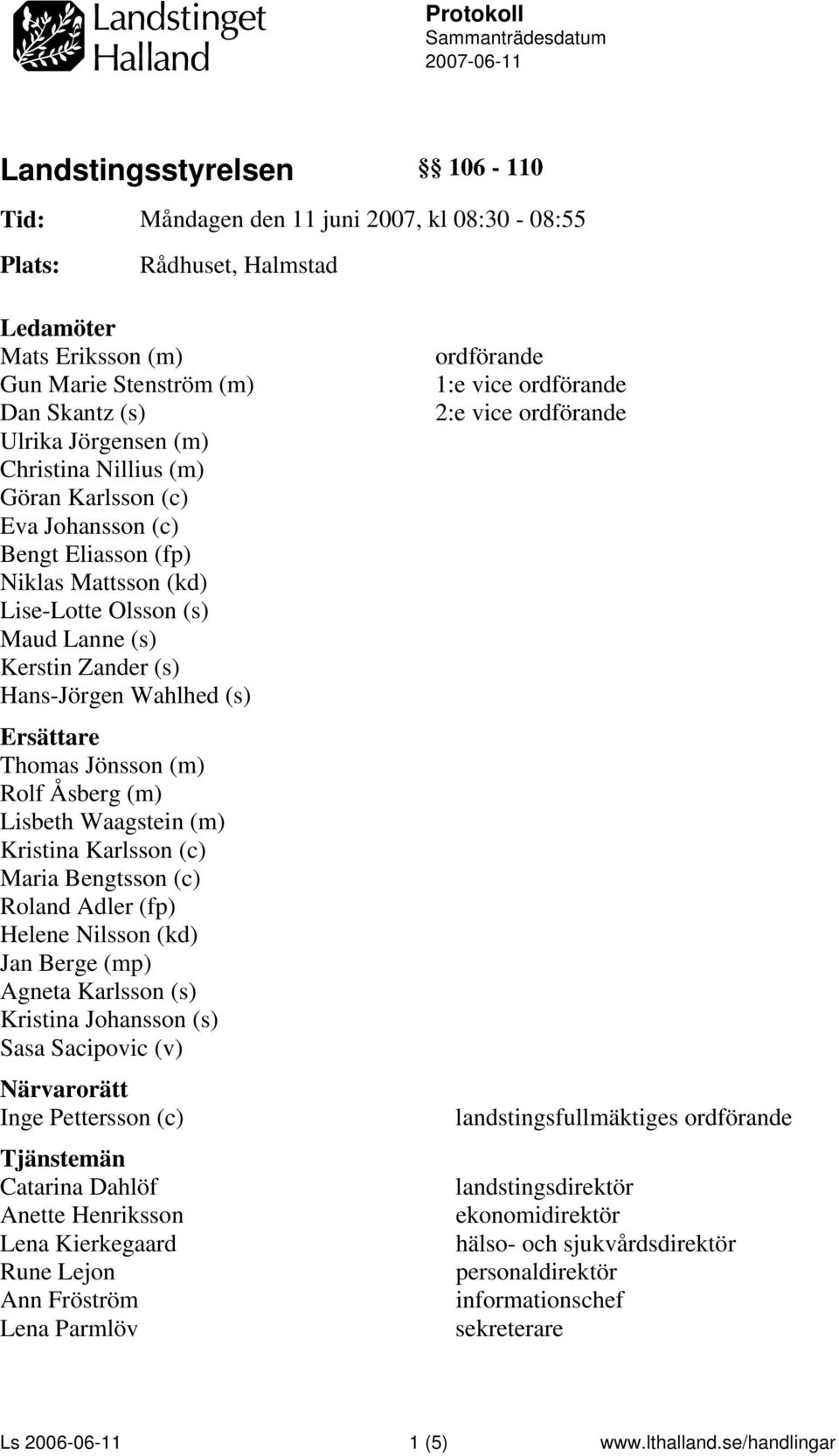 Wahlhed (s) Ersättare Thomas Jönsson (m) Rolf Åsberg (m) Lisbeth Waagstein (m) Kristina Karlsson (c) Maria Bengtsson (c) Roland Adler (fp) Helene Nilsson (kd) Jan Berge (mp) Agneta Karlsson (s)