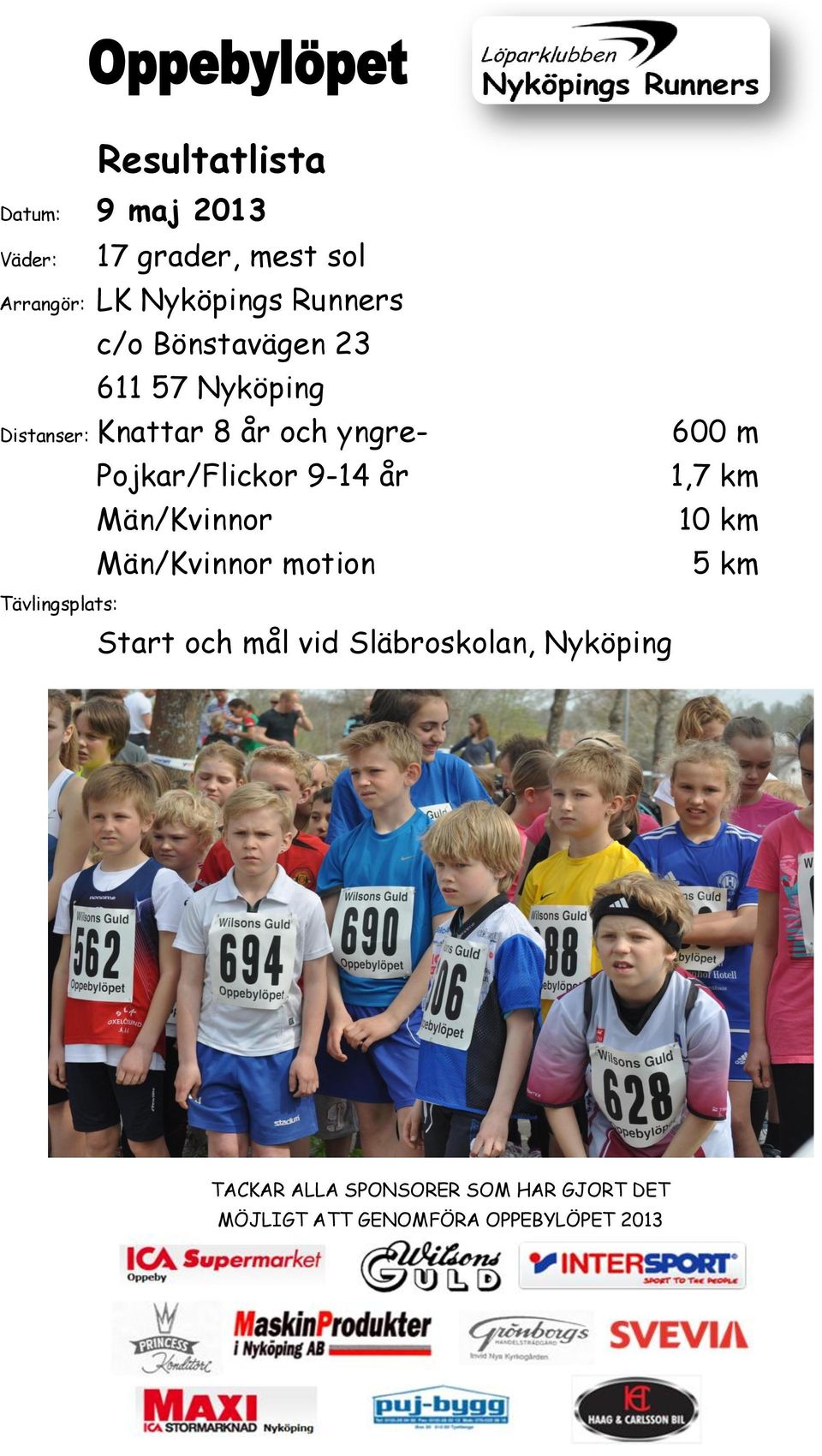 Män/Kvinnor Män/Kvinnor motion 600 m 1,7 km 10 km 5 km Tävlingsplats: Start och mål vid