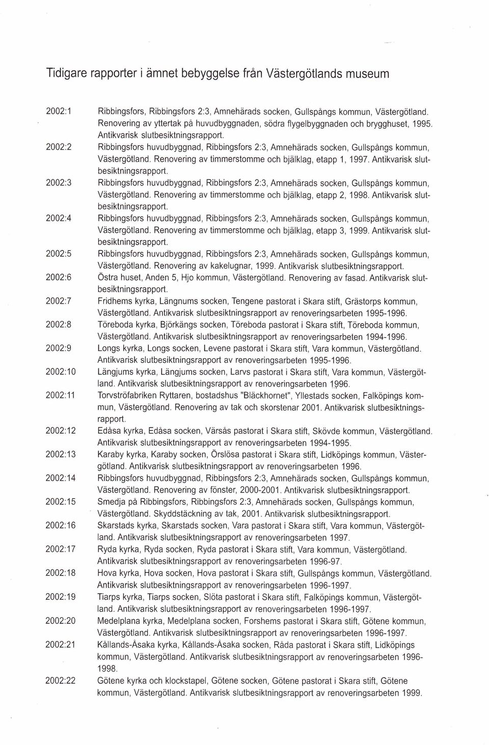 Renovering av yttertak på huvudbyggnaden, södra flygelbyggnaden och brygghuset, 1995. Antikvarisk slutbesiktningsrapport.