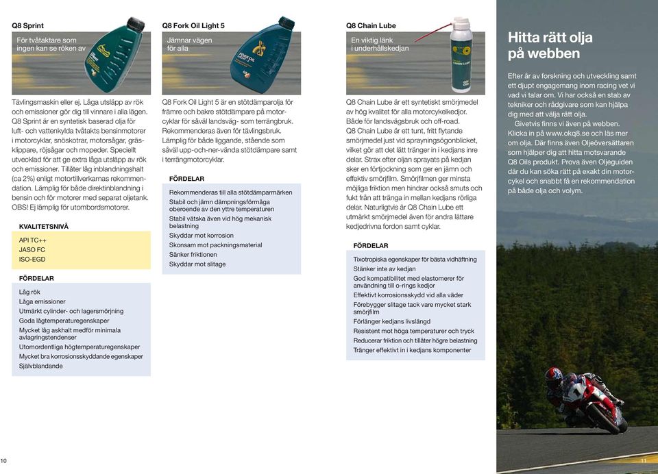 Q8 Sprint är en syntetisk baserad olja för luft- och vattenkylda tvåtakts bensinmotorer i motorcyklar, snöskotrar, motorsågar, gräsklippare, röjsågar och mopeder.