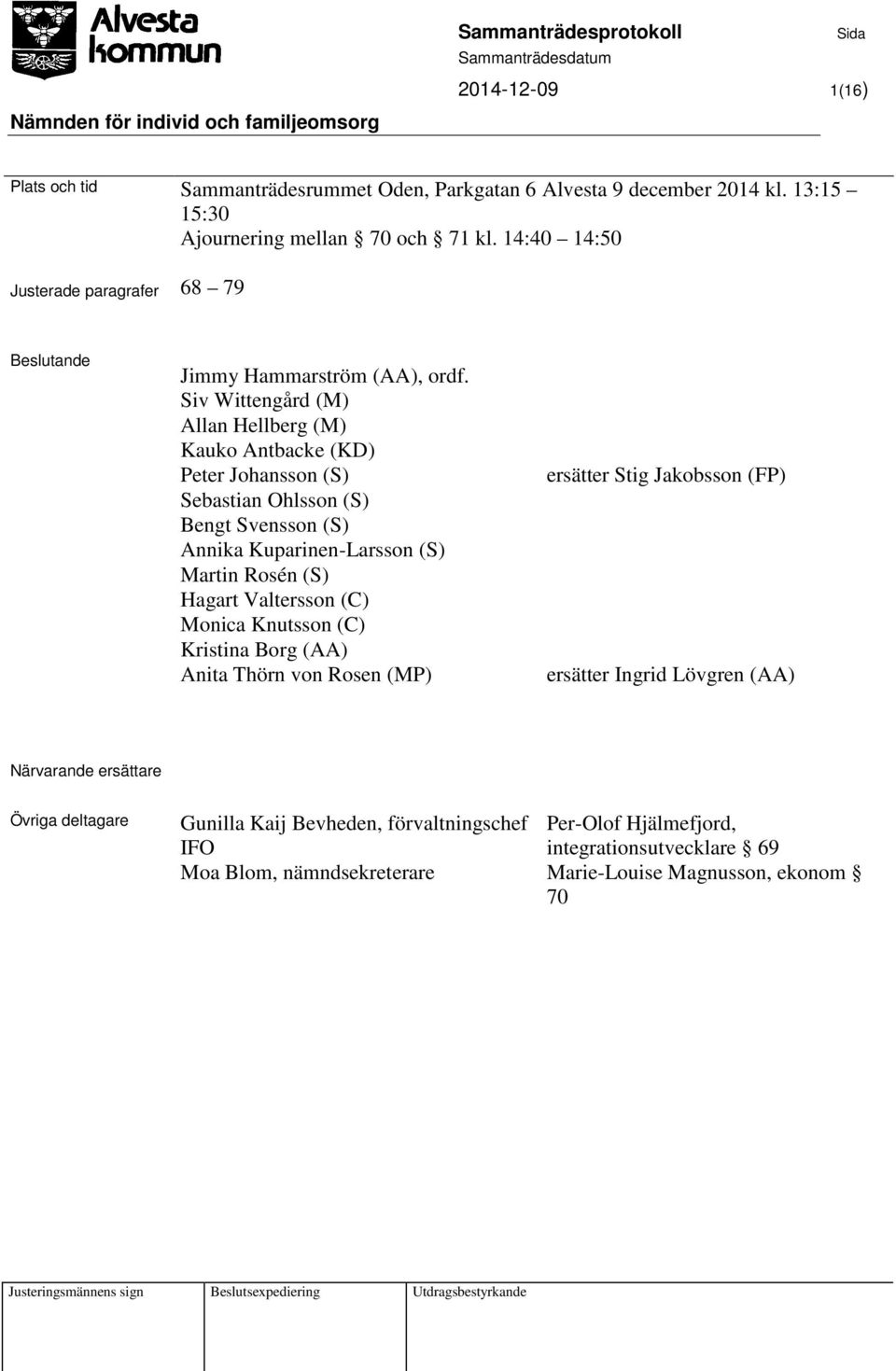 Siv Wittengård (M) Allan Hellberg (M) Kauko Antbacke (KD) Peter Johansson (S) Sebastian Ohlsson (S) Bengt Svensson (S) Annika Kuparinen-Larsson (S) Martin Rosén (S) Hagart