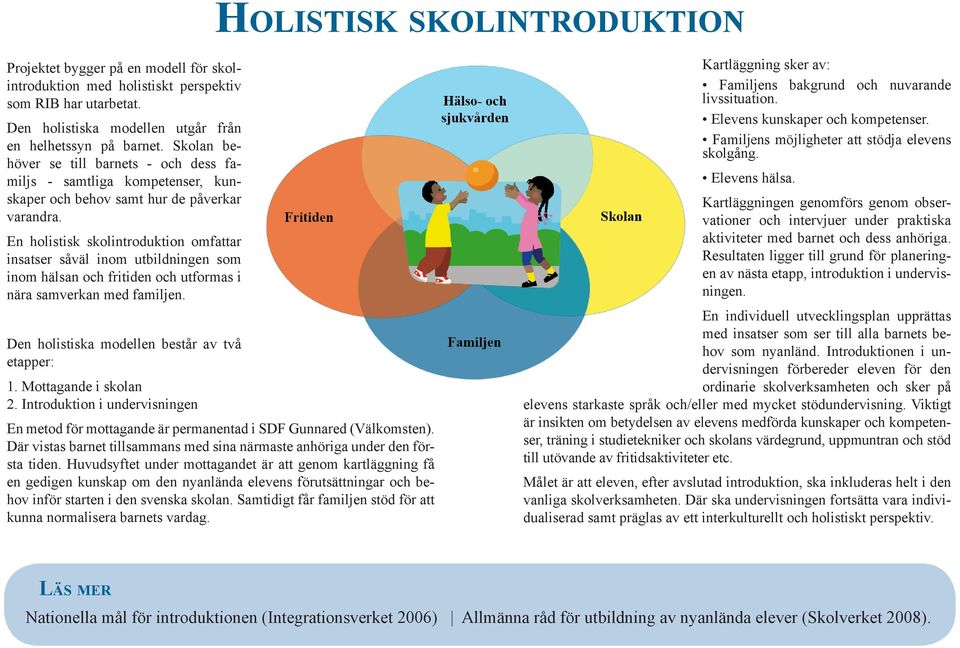 En holistisk skolintroduktion omfattar insatser såväl inom utbildningen som inom hälsan och fritiden och utformas i nära samverkan med familjen. Den holistiska modellen består av två etapper: 1.