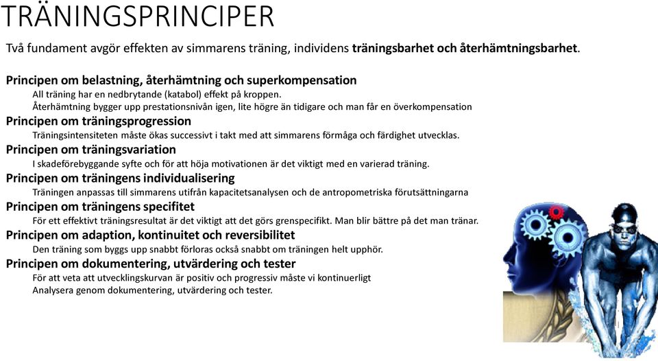 Återhämtning bygger upp prestationsnivån igen, lite högre än tidigare och man får en överkompensation Principen om träningsprogression Träningsintensiteten måste ökas successivt i takt med att