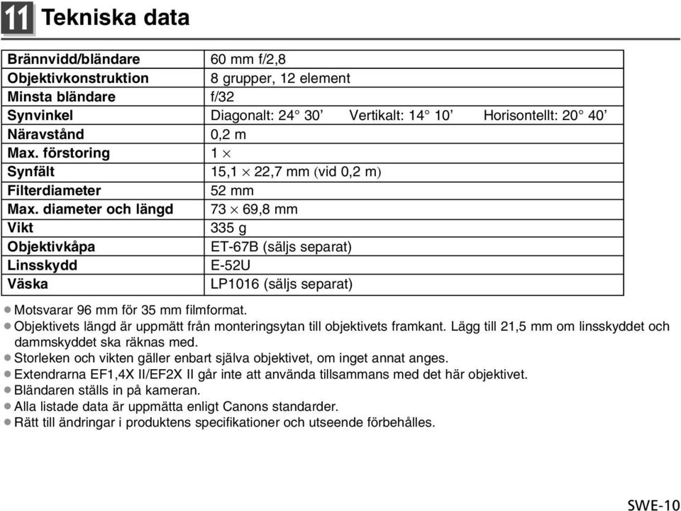 diameter och längd 73 69,8 mm Vikt 335 g Objektivkåpa ET-67B (säljs separat) Linsskydd E-52U Väska LP1016 (säljs separat) Motsvarar 96 mm för 35 mm filmformat.