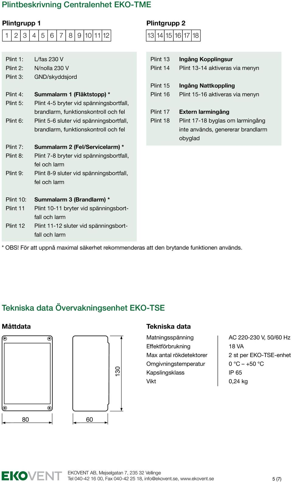 (Fel/Servicelarm) * Plint 8: Plint 7-8 bryter vid spänningsbortfall, fel och larm Plint 9: Plint 8-9 sluter vid spänningsbortfall, fel och larm Plint 13 Plint 14 Plint 15 Plint 16 Plint 17 Plint 18