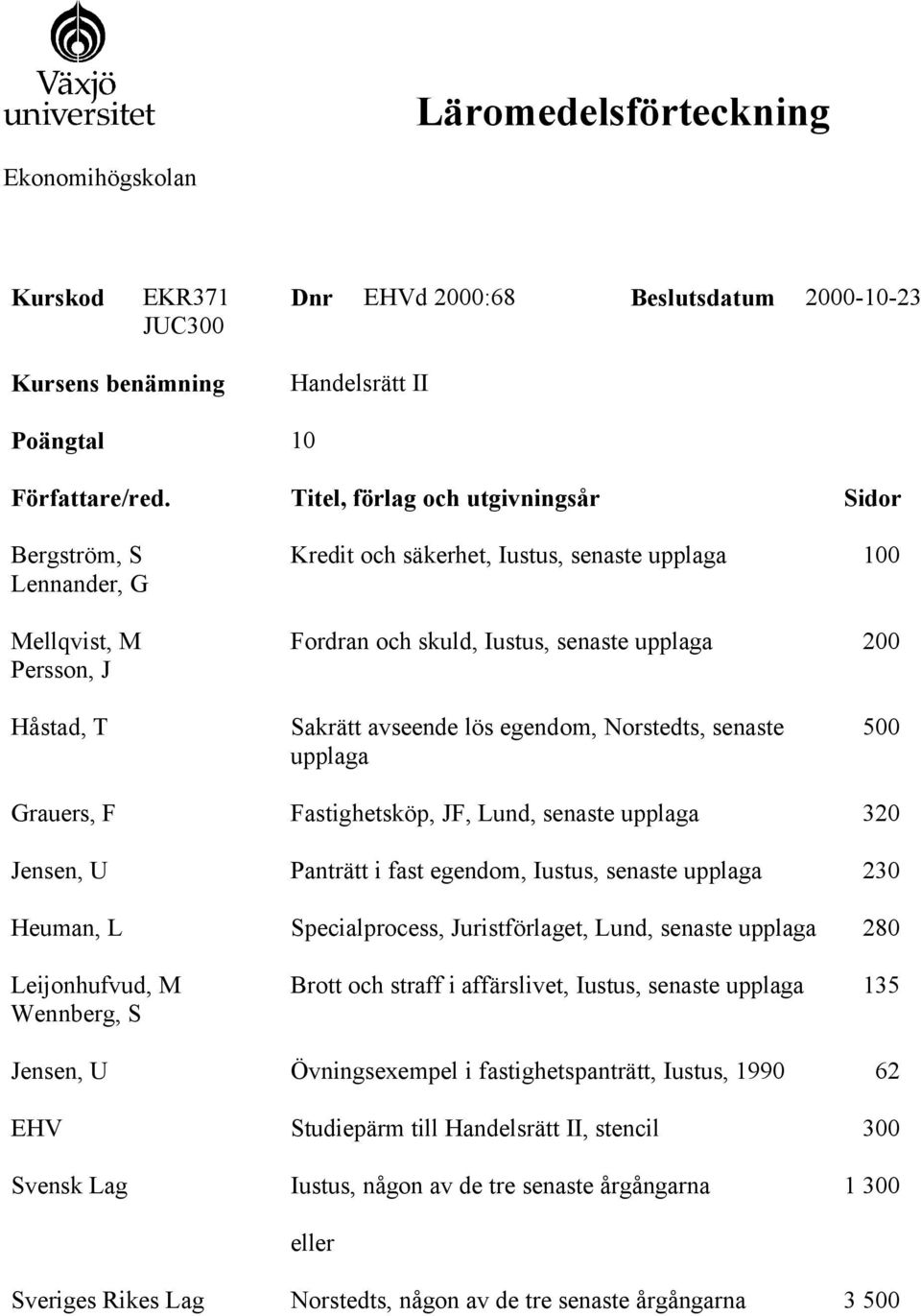 Sakrätt avseende lös egendom, Norstedts, senaste upplaga 500 Grauers, F Fastighetsköp, JF, Lund, senaste upplaga 320 Jensen, U Panträtt i fast egendom, Iustus, senaste upplaga 230 Heuman, L