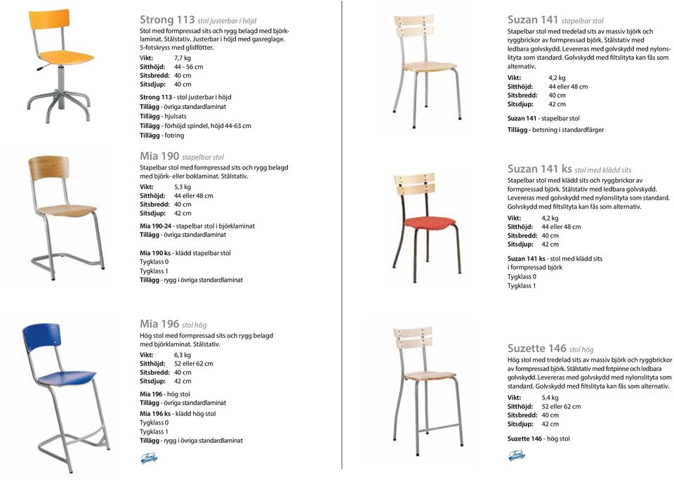 Tillägg - fotring Mia 190 stapelbar stol Stapelbar stol med formpressad sits och rygg belagd med björk- eller boklaminat. Stålstativ.