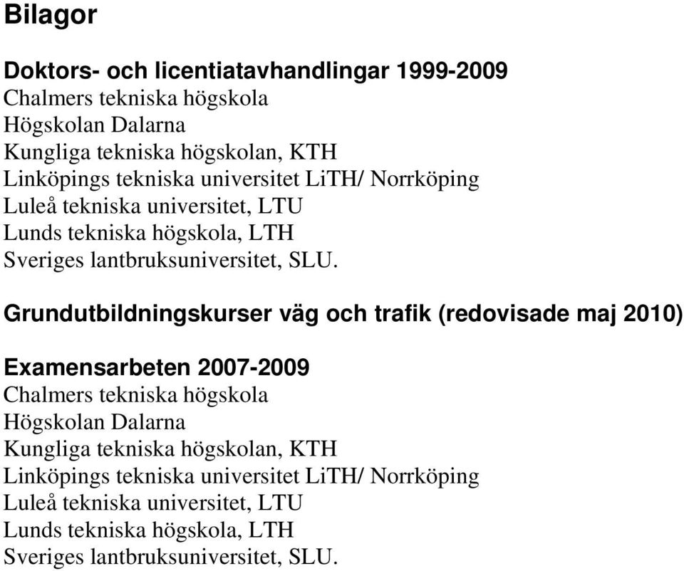 Grundutbildningskurser väg och trafik (redovisade maj 2010) Examensarbeten 2007-2009 Chalmers tekniska högskola Högskolan Dalarna Kungliga