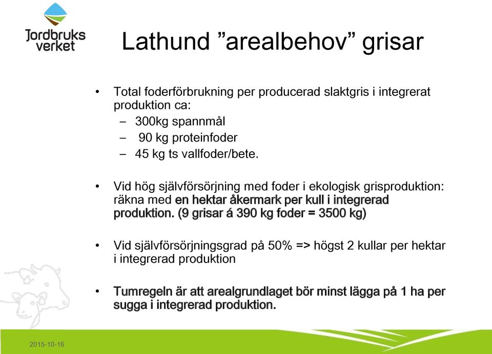 Vid hög självförsörjning med foder i ekologisk grisproduktion: räkna med en hektar åkermark per kull i integrerad produktion.