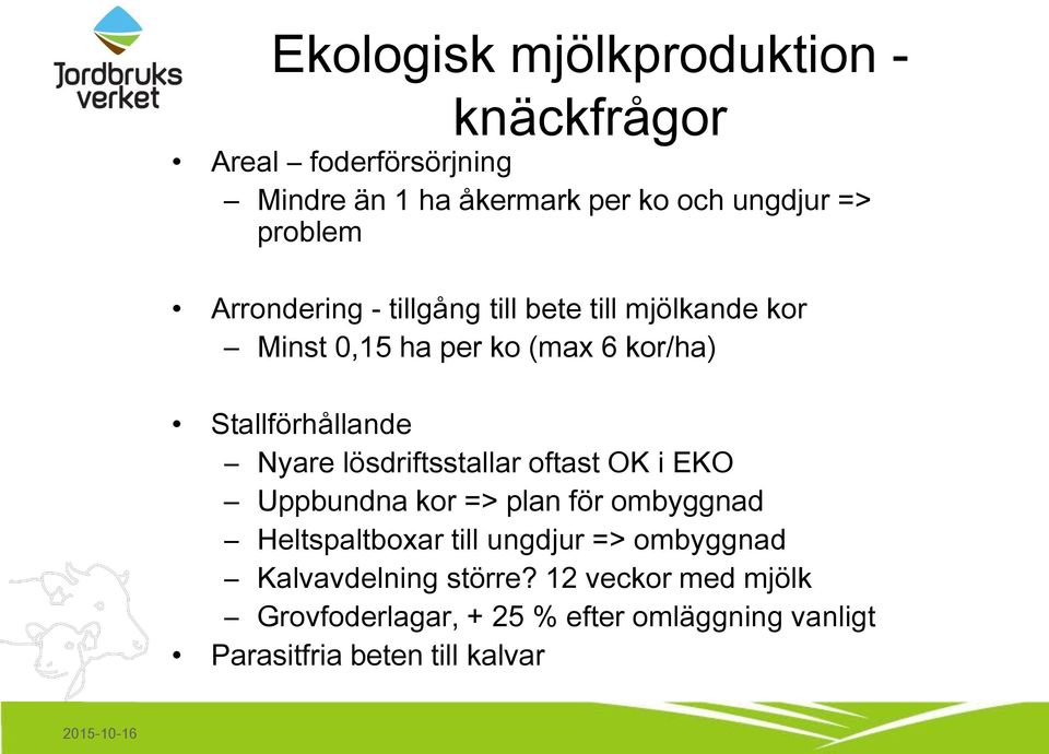 Nyare lösdriftsstallar oftast OK i EKO Uppbundna kor => plan för ombyggnad Heltspaltboxar till ungdjur =>