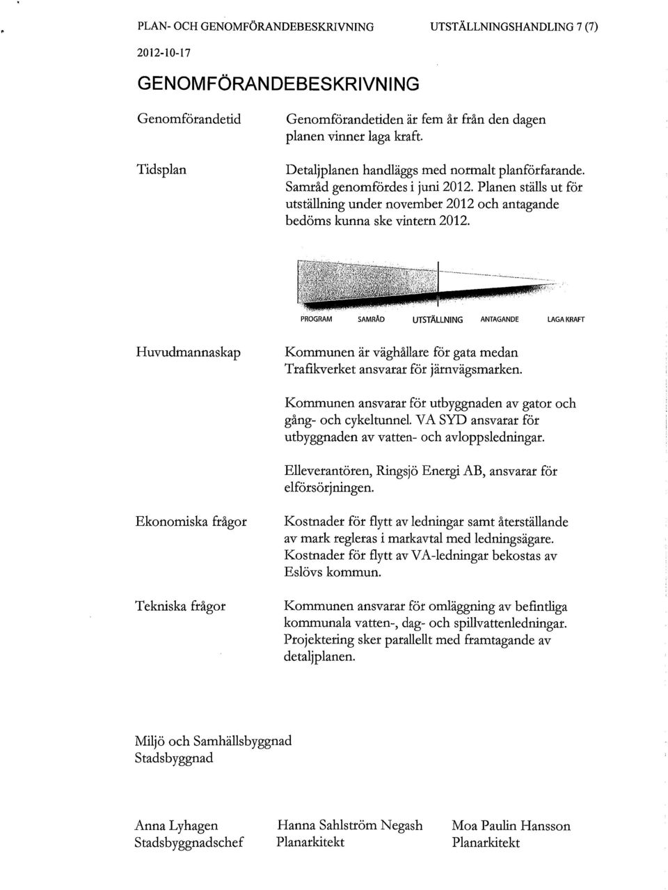 PROGRAM SAMRÅD UTSTÄLLNING ANTAGANDE LAGA KRAFT Huvudmannaskap Kommunen är väghållare för gata medan Trafikverket ansvarar för järnvägsmarken.