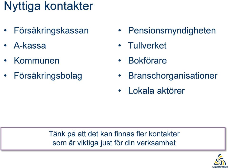 Bokförare Branschorganisationer Lokala aktörer Tänk på