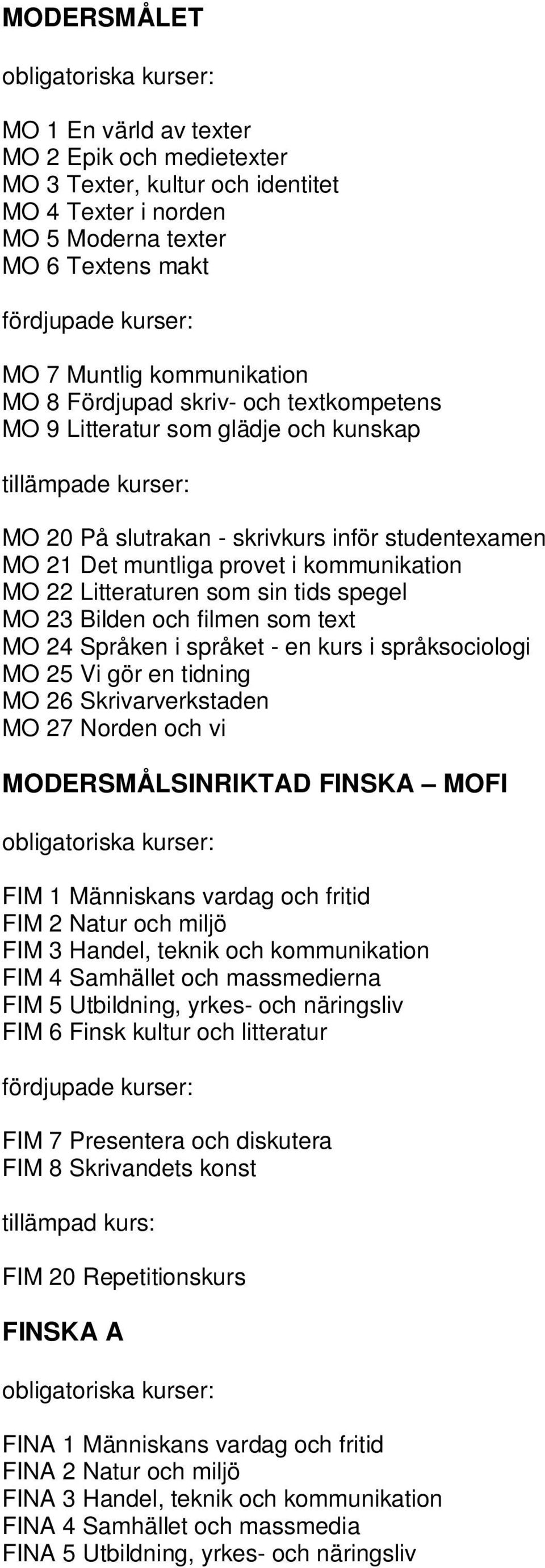 23 Bilden och filmen som text MO 24 Språken i språket - en kurs i språksociologi MO 25 Vi gör en tidning MO 26 Skrivarverkstaden MO 27 Norden och vi MODERSMÅLSINRIKTAD FINSKA MOFI FIM 1 Människans