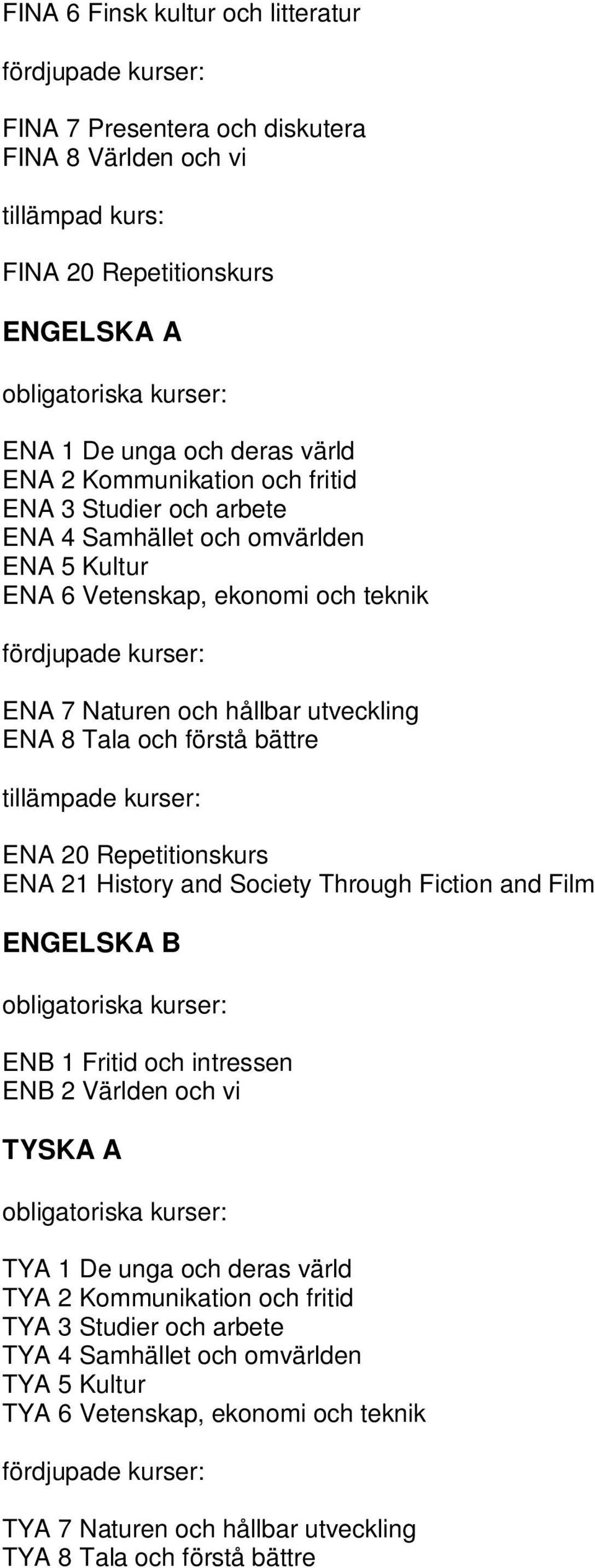 förstå bättre ENA 20 Repetitionskurs ENA 21 History and Society Through Fiction and Film ENGELSKA B ENB 1 Fritid och intressen ENB 2 Världen och vi TYSKA A TYA 1 De unga och deras värld