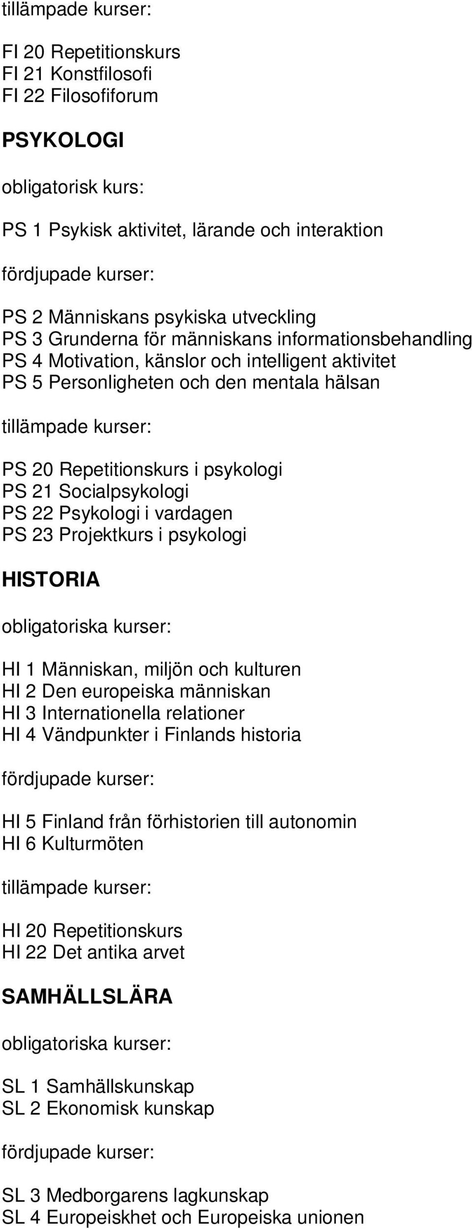 vardagen PS 23 Projektkurs i psykologi HISTORIA HI 1 Människan, miljön och kulturen HI 2 Den europeiska människan HI 3 Internationella relationer HI 4 Vändpunkter i Finlands historia HI 5 Finland