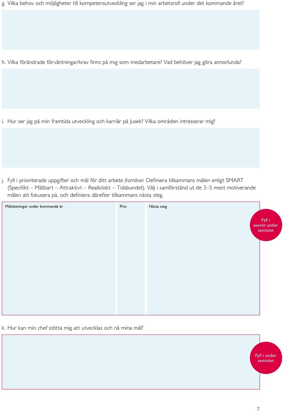 Definiera tillsammans målen enligt SMART (Specifikt Mätbart Attraktivt Realistiskt Tidsbundet).