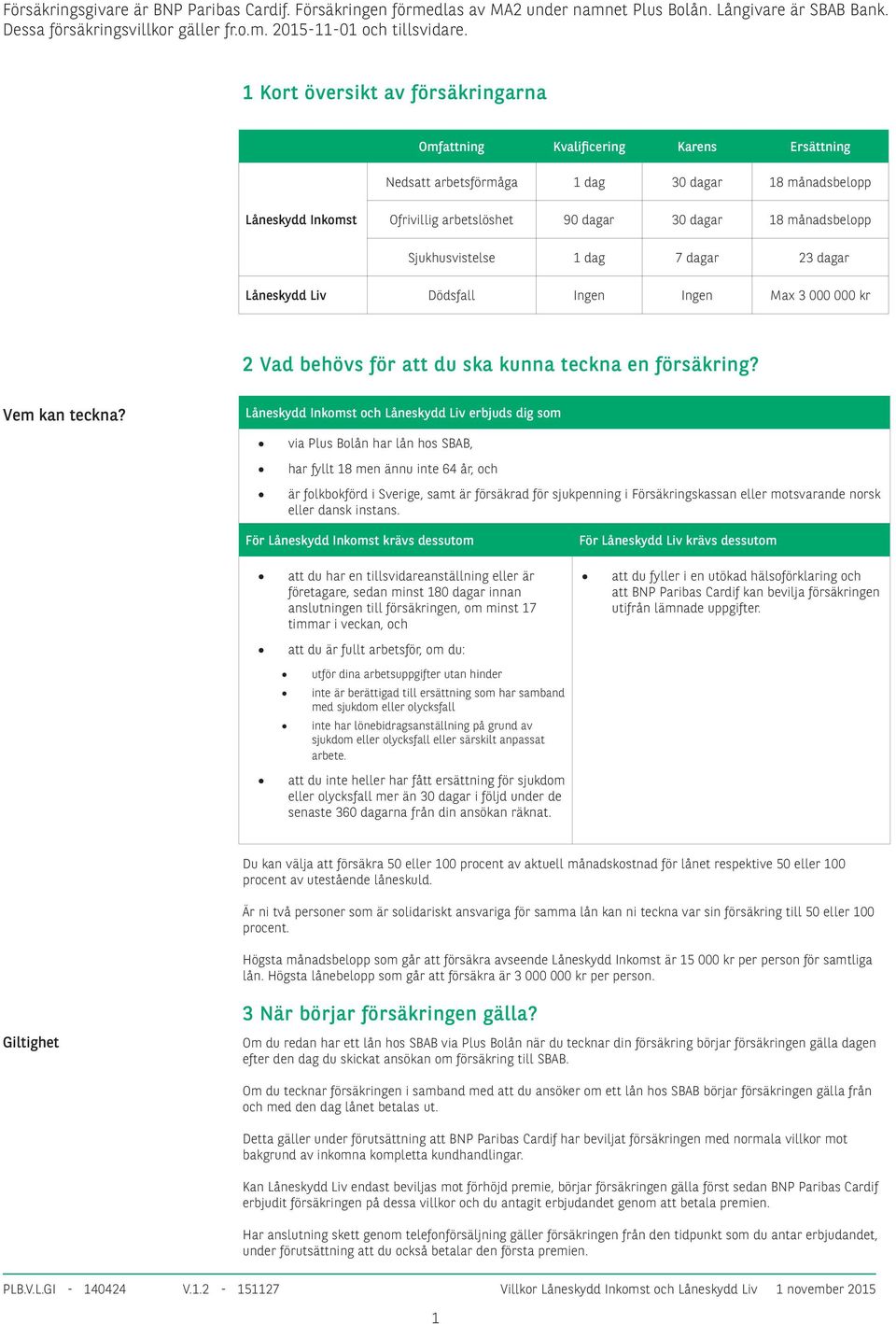 månadsbelopp Sjukhusvistelse 1 dag 7 dagar 23 dagar Låneskydd Liv Dödsfall Ingen Ingen Max 3 000 000 kr 2 Vad behövs för att du ska kunna teckna en försäkring? Vem kan teckna?