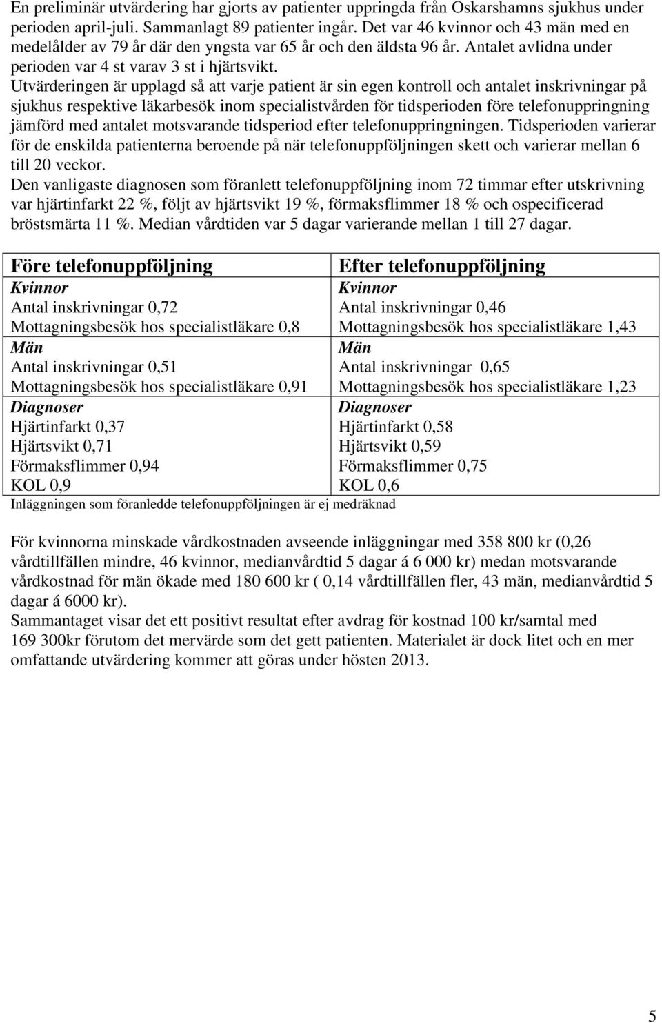 Utvärderingen är upplagd så att varje patient är sin egen kontroll och antalet inskrivningar på sjukhus respektive läkarbesök inom specialistvården för tidsperioden före telefonuppringning jämförd