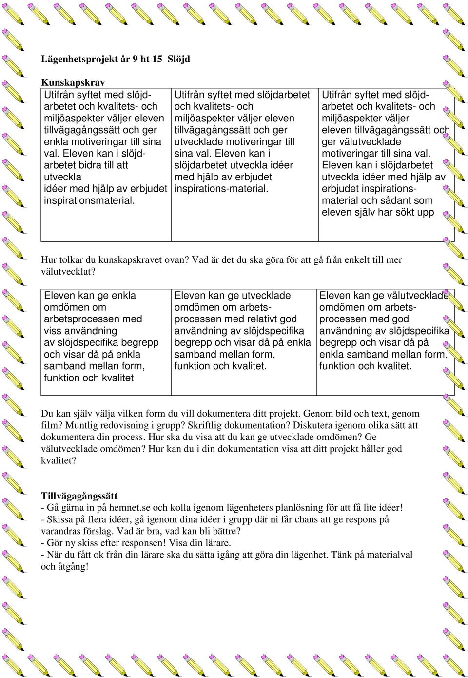 Utifrån syftet med slöjdarbetet och kvalitets- och miljöaspekter väljer eleven tillvägagångssätt och ger utvecklade motiveringar till sina val.