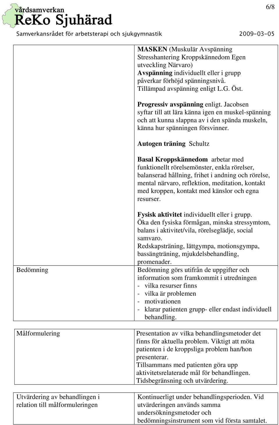 Autogen träning Schultz Basal Kroppskännedom arbetar med funktionellt rörelsemönster, enkla rörelser, balanserad hållning, frihet i andning och rörelse, mental närvaro, reflektion, meditation,