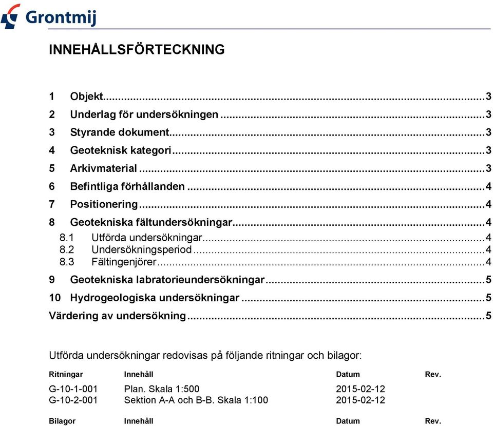 .. 4 8.3 Fältingenjörer... 4 9 Geotekniska labratorieundersökningar... 5 10 Hydrogeologiska undersökningar... 5 Värdering av undersökning.