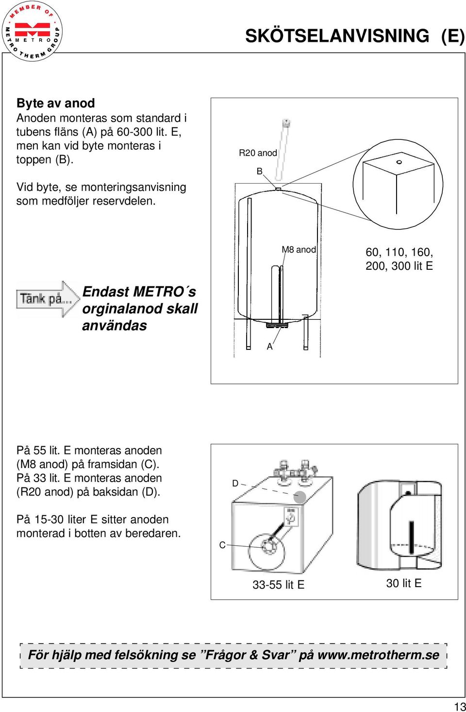 R20 anod B M8 anod 60, 110, 160, 200, 300 lit E Endast METRO s orginalanod skall användas A På 55 lit.