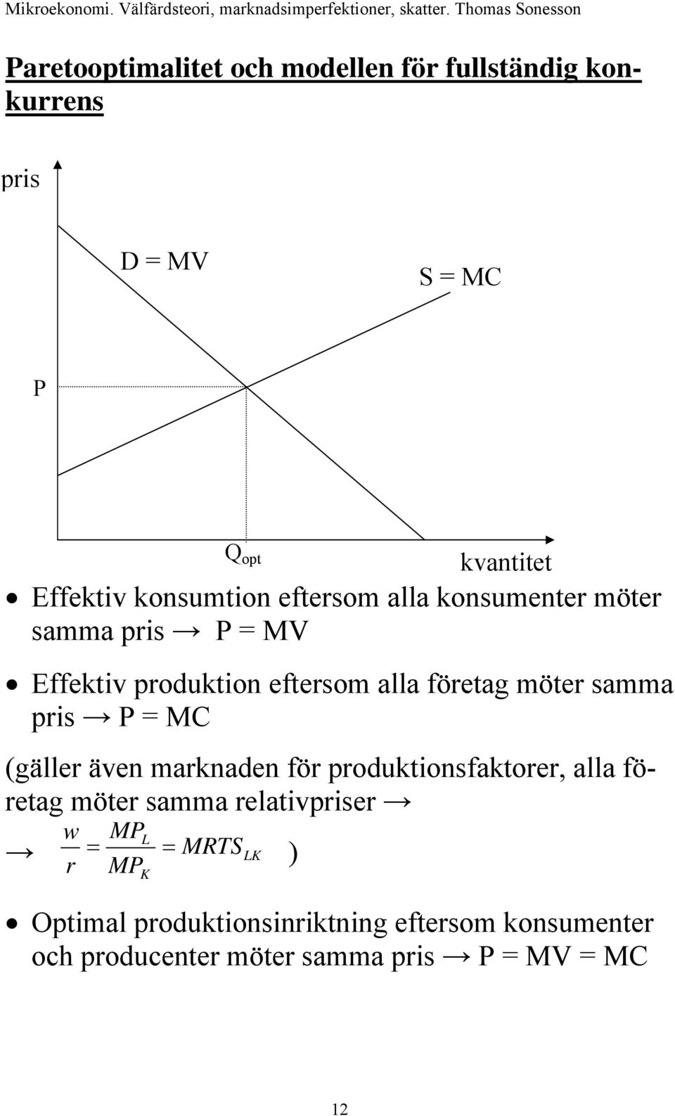 samma pris P = MC (gäller även marknaden för produktionsfaktorer, alla företag möter samma relativpriser w =