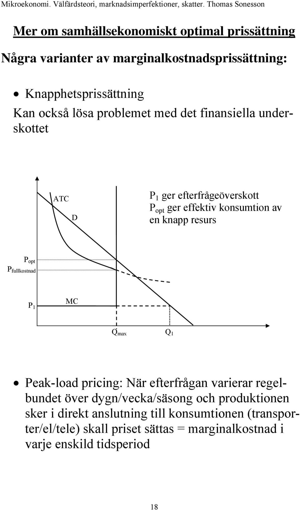 P opt P fullkostnad P 1 MC Q max Q 1 Peak-load pricing: När efterfrågan varierar regelbundet över dygn/vecka/säsong och