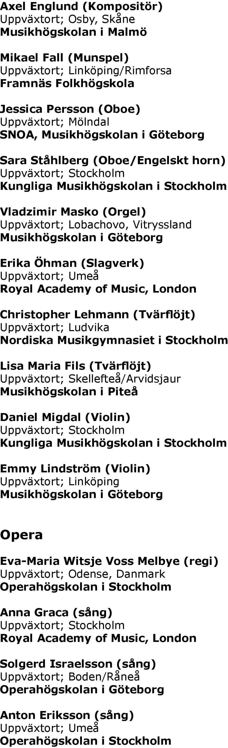 London Christopher Lehmann (Tvärflöjt) Uppväxtort; Ludvika Nordiska Musikgymnasiet i Stockholm Lisa Maria Fils (Tvärflöjt) Uppväxtort; Skellefteå/Arvidsjaur Musikhögskolan i Piteå Daniel Migdal