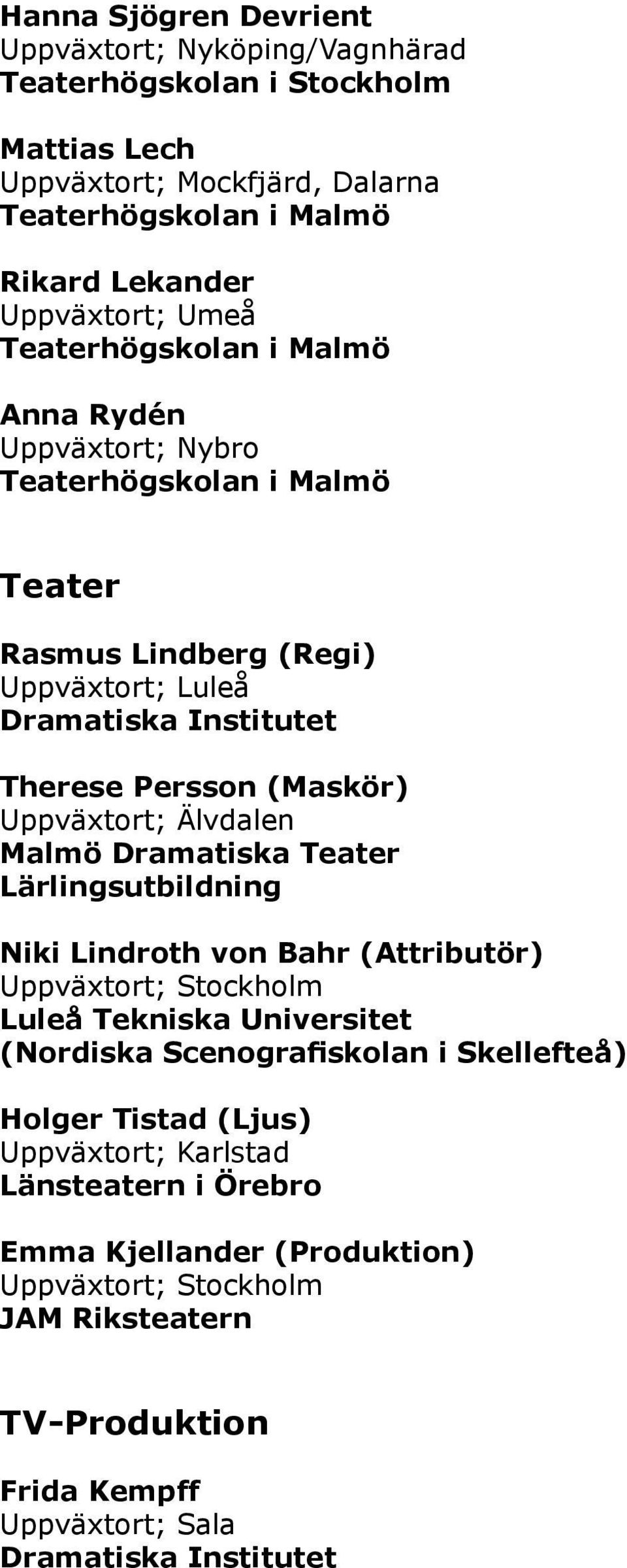 Uppväxtort; Älvdalen Malmö Dramatiska Teater Lärlingsutbildning Niki Lindroth von Bahr (Attributör) Luleå Tekniska Universitet (Nordiska