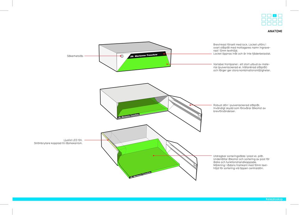 träfanérad stålplåt) och färger ger stora kombinationsmöjligheter. Robust dörr i pulverlackerad stålplåt. Invändigt skydd som försvårar åtkomst av brevförsändelser.