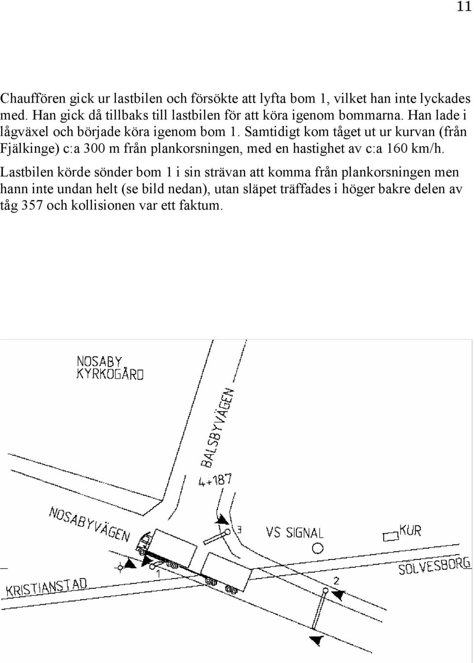 Samtidigt kom tåget ut ur kurvan (från Fjälkinge) c:a 300 m från plankorsningen, med en hastighet av c:a 160 km/h.