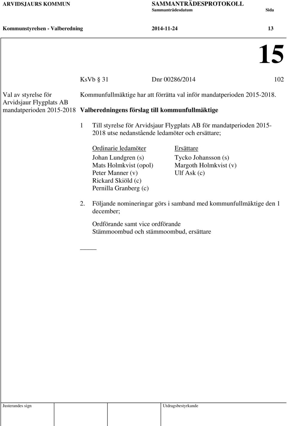 1 Till styrelse för Arvidsjaur Flygplats AB för mandatperioden 2015-2018 utse nedanstående ledamöter och ersättare; Ordinarie ledamöter Johan Lundgren