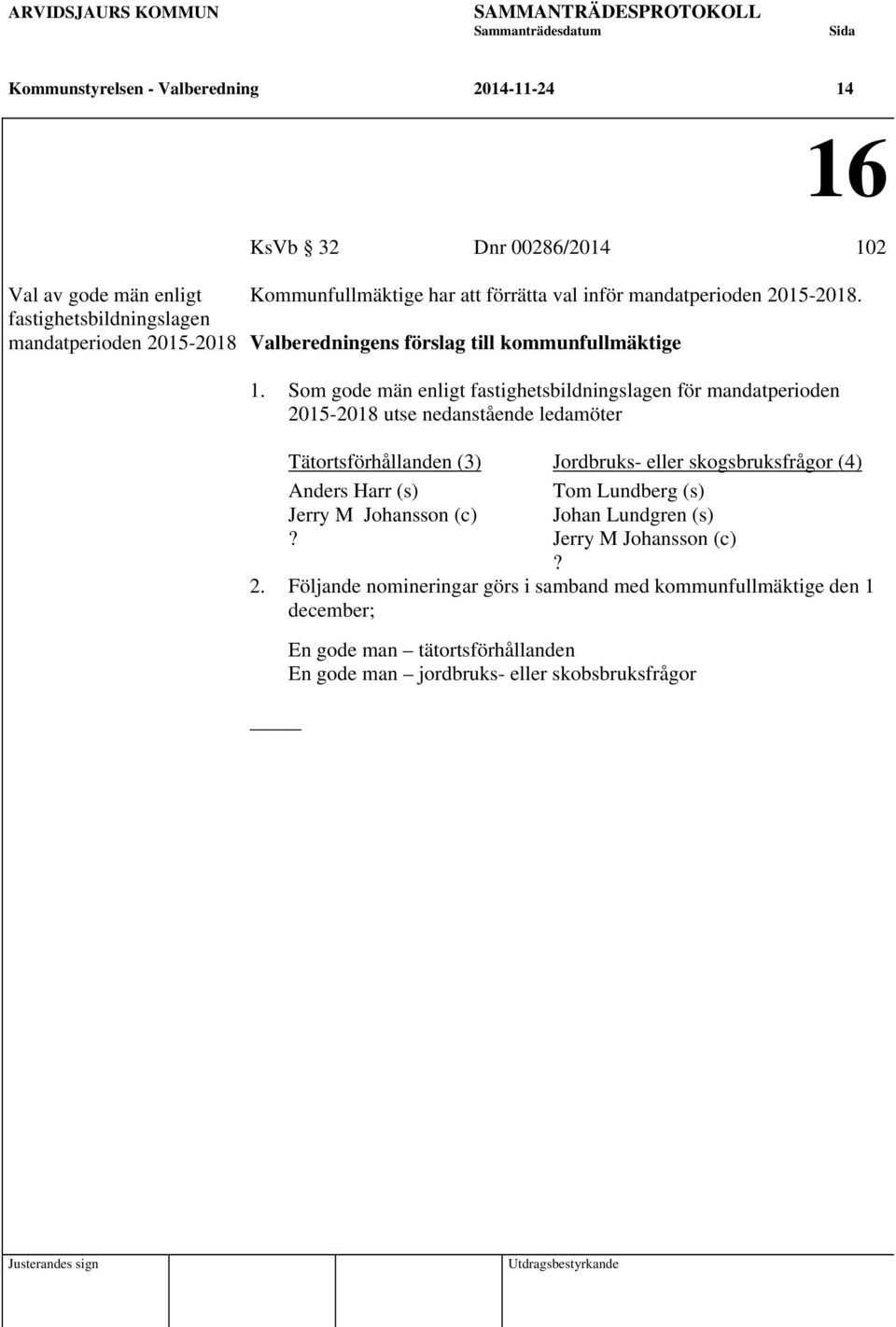 Som gode män enligt fastighetsbildningslagen för mandatperioden 2015-2018 utse nedanstående ledamöter Tätortsförhållanden (3) Jordbruks- eller