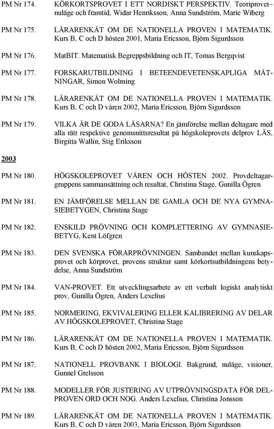 Matematisk Begreppsbildning och IT, Tomas Bergqvist FORSKARUTBILDNING I BETEENDEVETENSKAPLIGA MÄT- NINGAR, Simon Wolming LÄRARENKÄT OM DE NATIONELLA PROVEN I MATEMATIK.