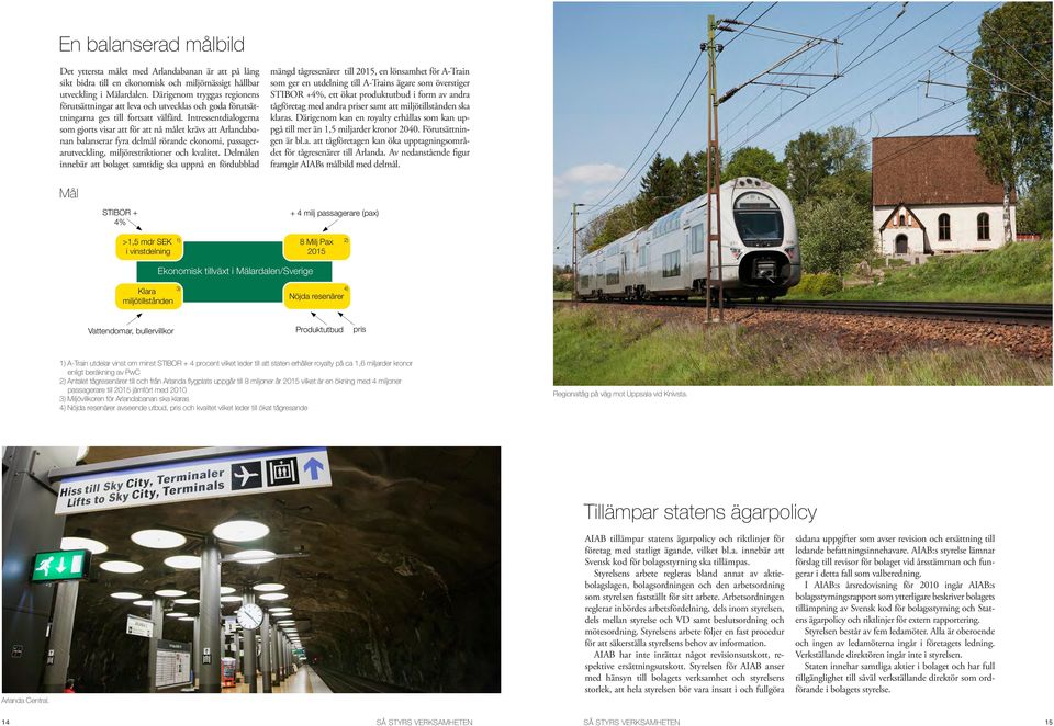 Intressentdialogerna som gjorts visar att för att nå målet krävs att Arlandabanan balanserar fyra delmål rörande ekonomi, passagerarutveckling, miljörestriktioner och kvalitet.