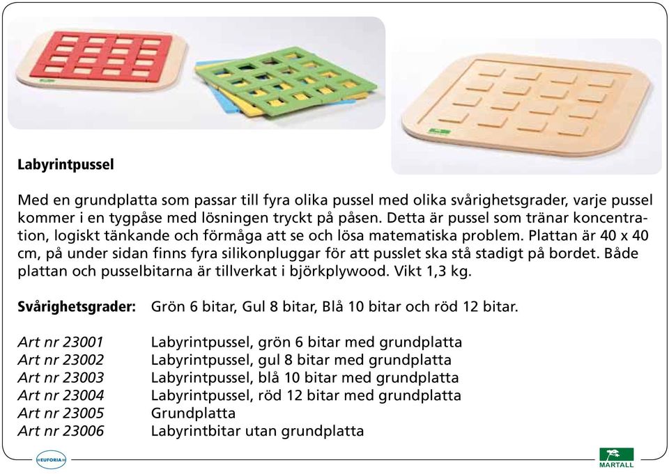 Plattan är 40 x 40 cm, på under sidan finns fyra silikonpluggar för att pusslet ska stå stadigt på bordet. Både plattan och pusselbitarna är tillverkat i björkplywood. Vikt 1,3 kg.