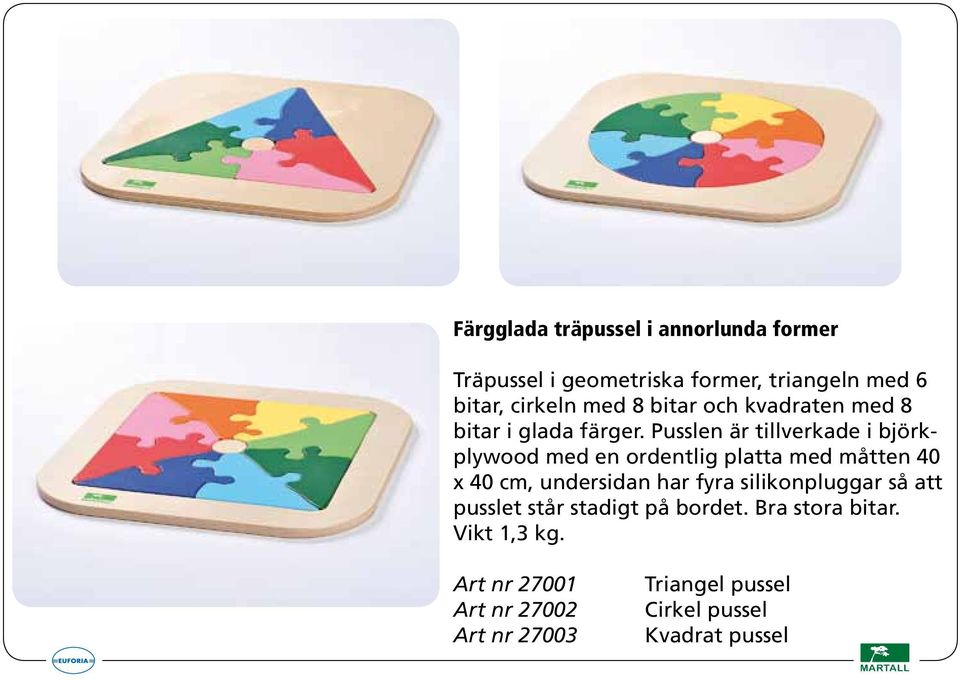 Pusslen är tillverkade i björkplywood med en ordentlig platta med måtten 40 x 40 cm, undersidan har fyra