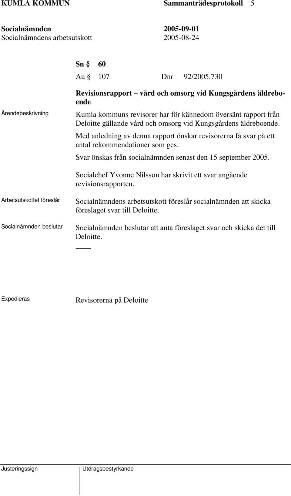 vid Kungsgårdens äldreboende. Med anledning av denna rapport önskar revisorerna få svar på ett antal rekommendationer som ges.