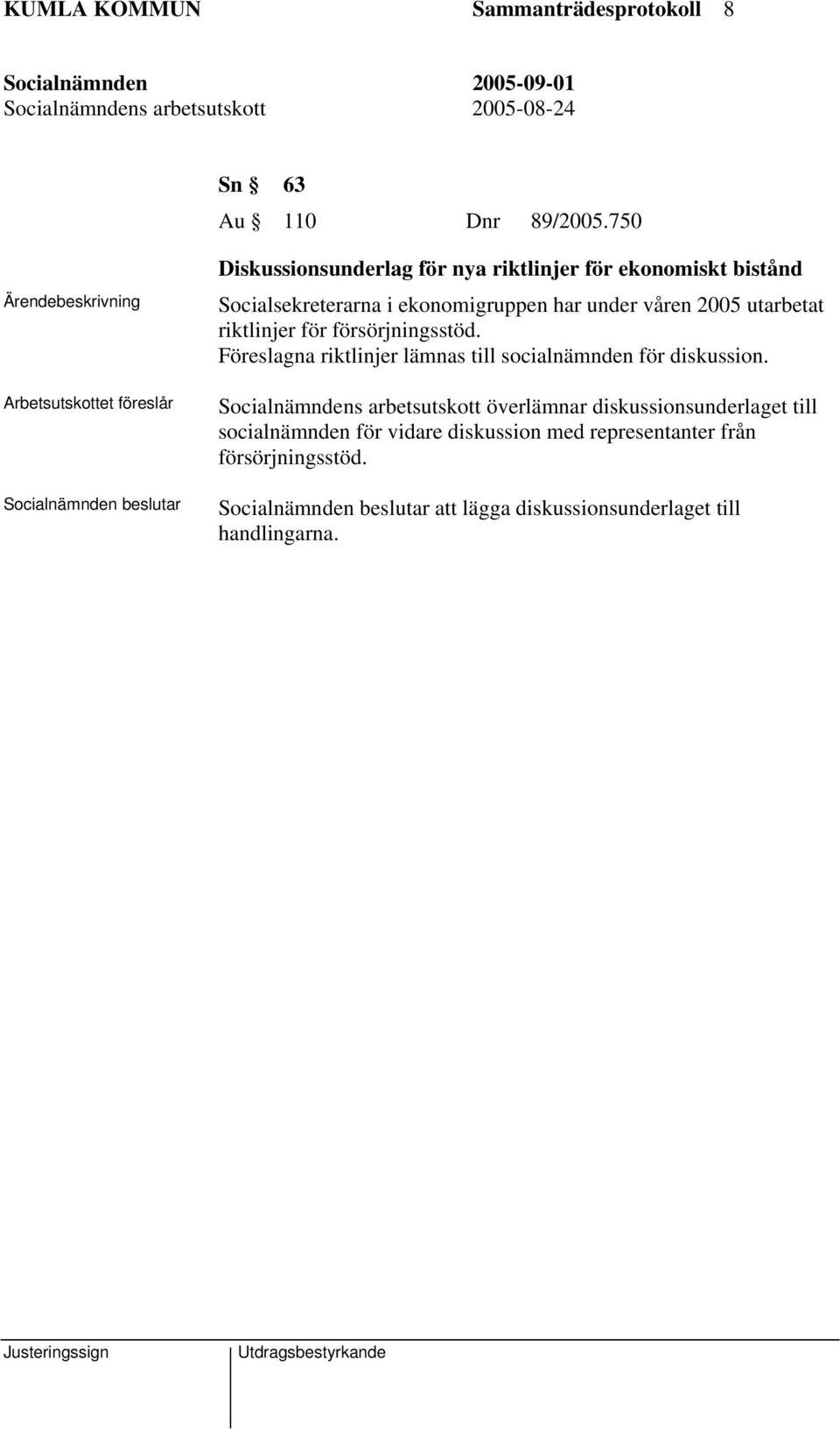 2005 utarbetat riktlinjer för försörjningsstöd. Föreslagna riktlinjer lämnas till socialnämnden för diskussion.