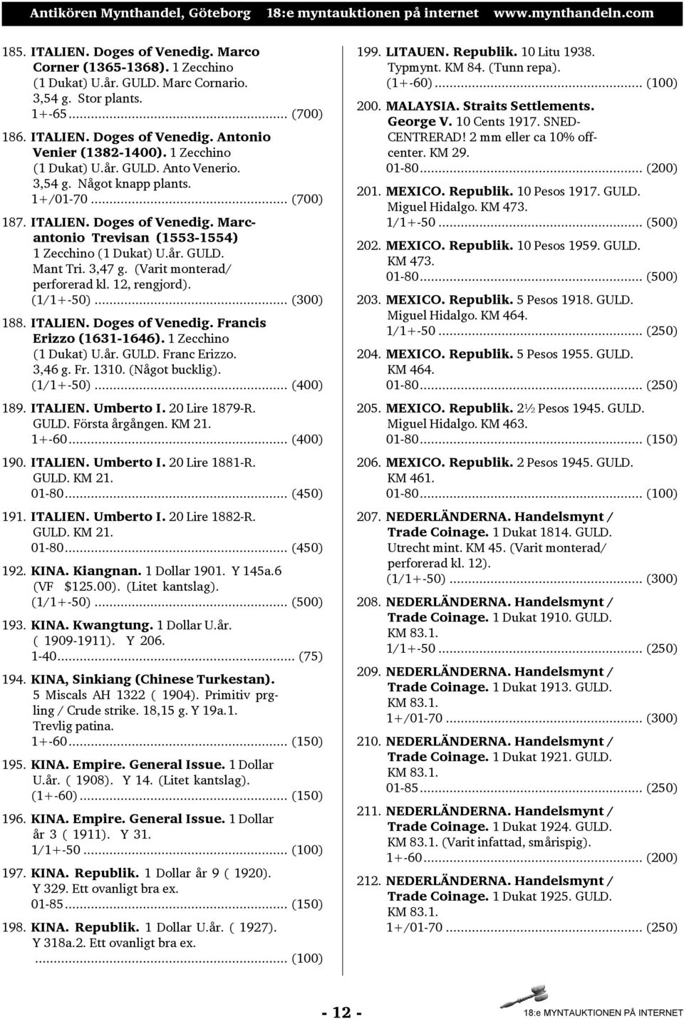 3,47 g. (Varit monterad/ perforerad kl. 12, rengjord). (1/1+-50)... (300) 188. ITALIEN. Doges of Venedig. Francis Erizzo (1631-1646). 1 Zecchino (1 Dukat) U.år. GULD. Franc Erizzo. 3,46 g. Fr. 1310.