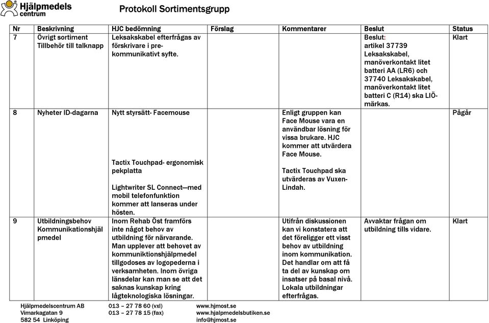 Inom Rehab Öst framförs inte något behov av utbildning för närvarande. Man upplever att behovet av kommuniktionshjälpmedel tillgodoses av logopederna i verksamheten.