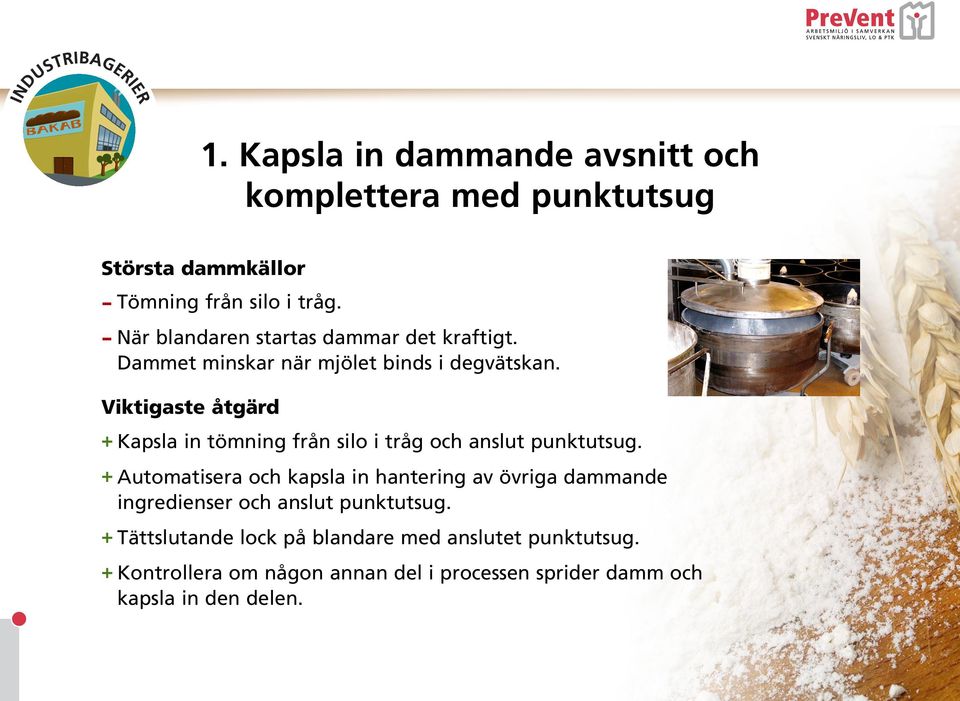 Kapsla in dammande avsnitt och komplettera med punktutsug + Kapsla in tömning från silo i tråg och anslut punktutsug.