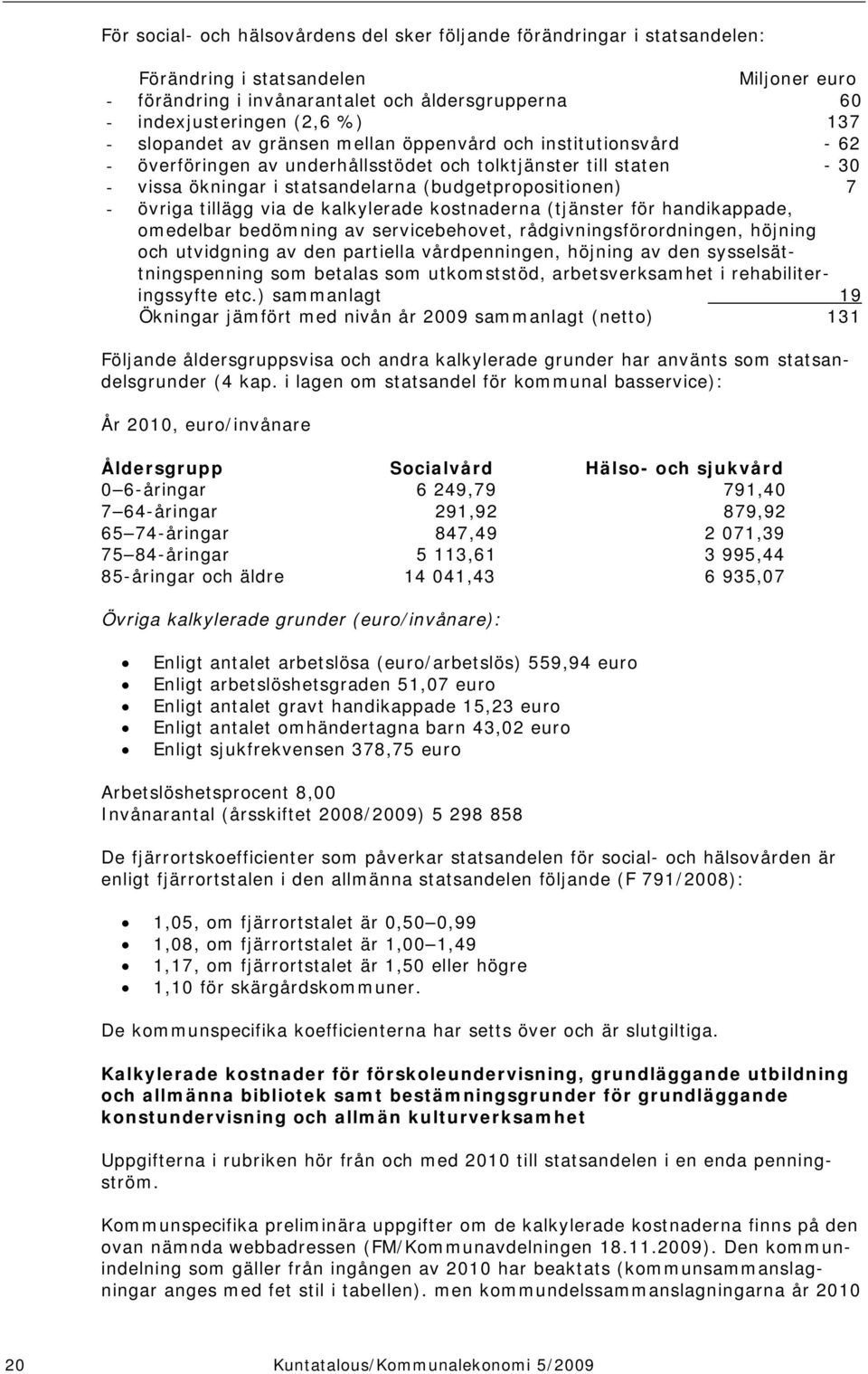 övriga tillägg via de kalkylerade kostnaderna (tjänster för handikappade, omedelbar bedömning av servicebehovet, rådgivningsförordningen, höjning och utvidgning av den partiella vårdpenningen,