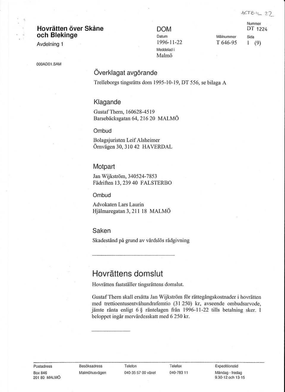 Alshemer Ömvägen 30,310 42 HAVERDAL Motpart Jan Wjkström, 340524-7853 Fädrften 13,23940 FALSTERBO Ombud Advokaten Lars Laurn Hjälmaregatan 3,211 18 MALMÖ Saken Skadestånd på grund