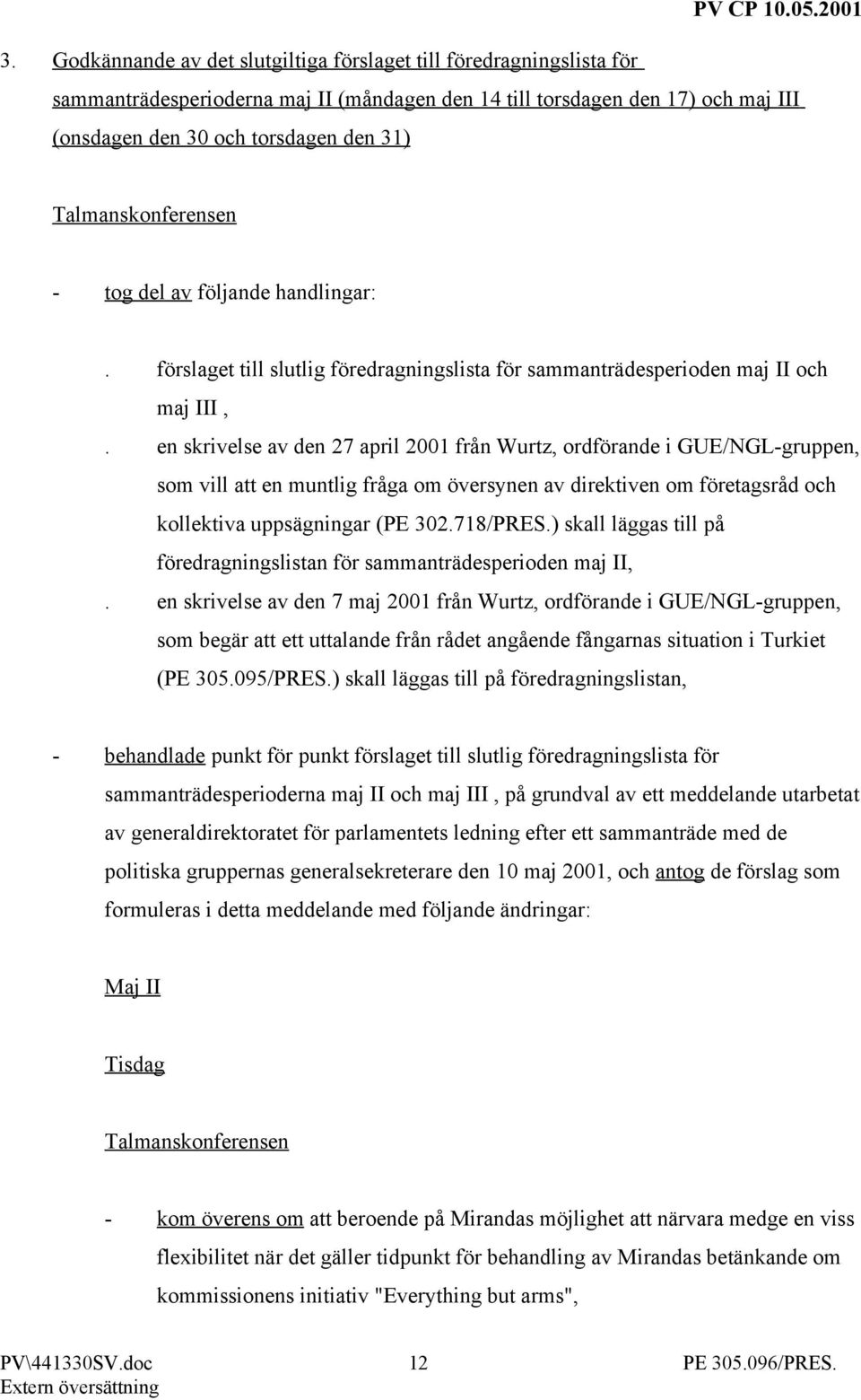 en skrivelse av den 27 april 2001 från Wurtz, ordförande i GUE/NGL-gruppen, som vill att en muntlig fråga om översynen av direktiven om företagsråd och kollektiva uppsägningar (PE 302.718/PRES.