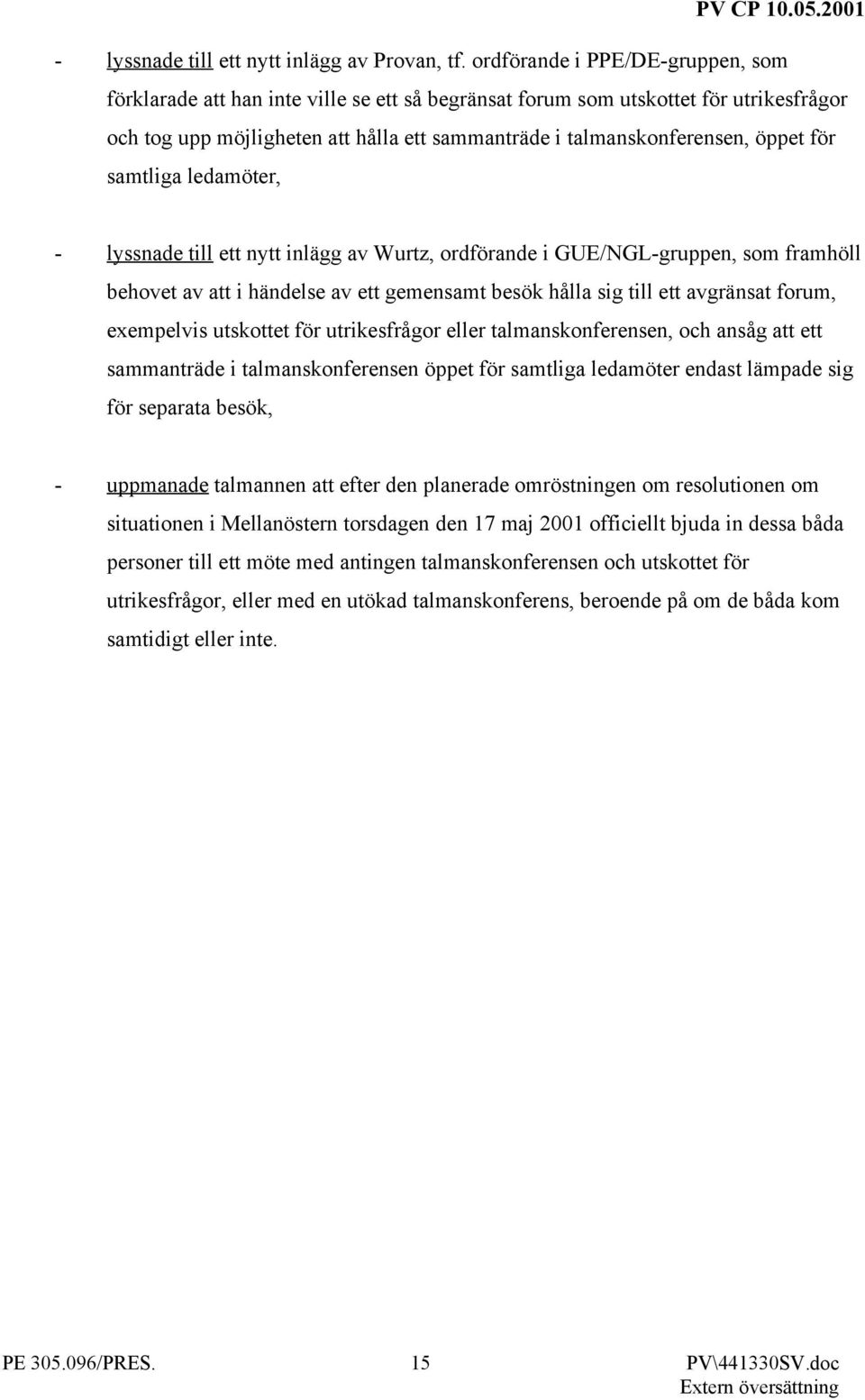 för samtliga ledamöter, - lyssnade till ett nytt inlägg av Wurtz, ordförande i GUE/NGL-gruppen, som framhöll behovet av att i händelse av ett gemensamt besök hålla sig till ett avgränsat forum,
