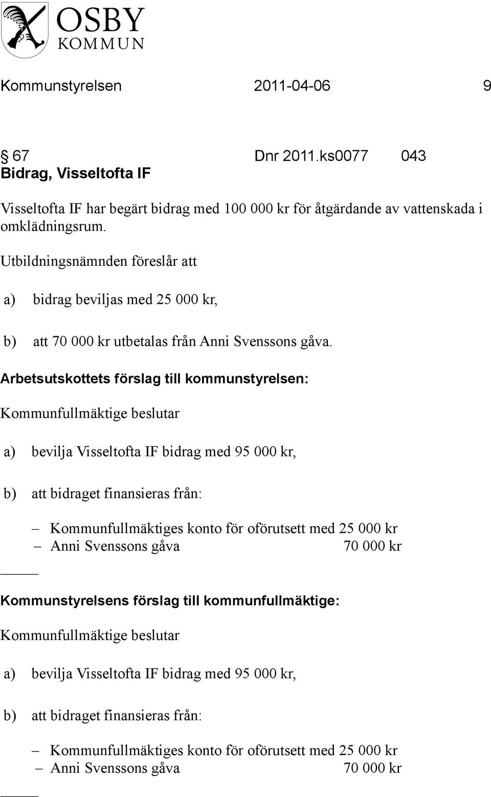 Kommunfullmäktige beslutar a) bevilja Visseltofta IF bidrag med 95 000 kr, b) att bidraget finansieras från: Kommunfullmäktiges konto för oförutsett med 25 000 kr Anni Svenssons